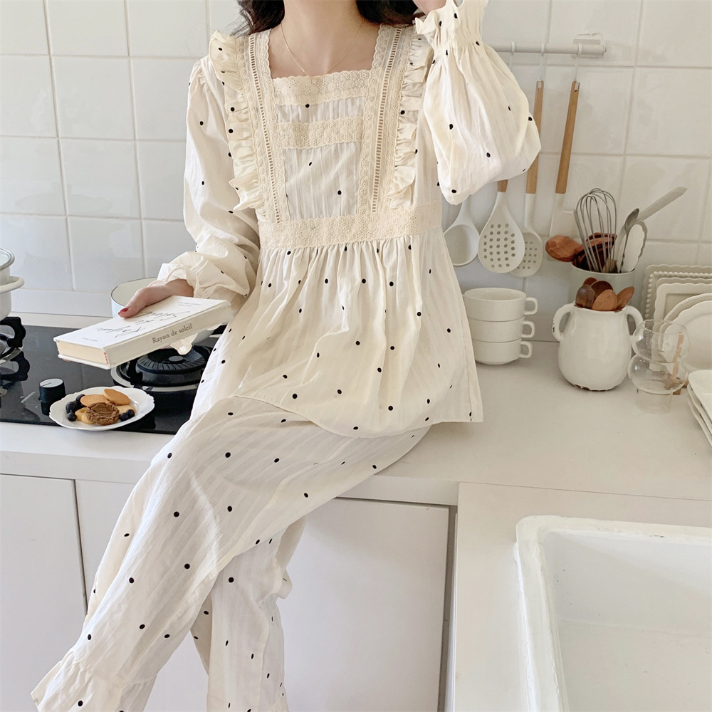 Title 4, Sweet Polka Dot Lace Cotton Cute Long Sleeve Pa...