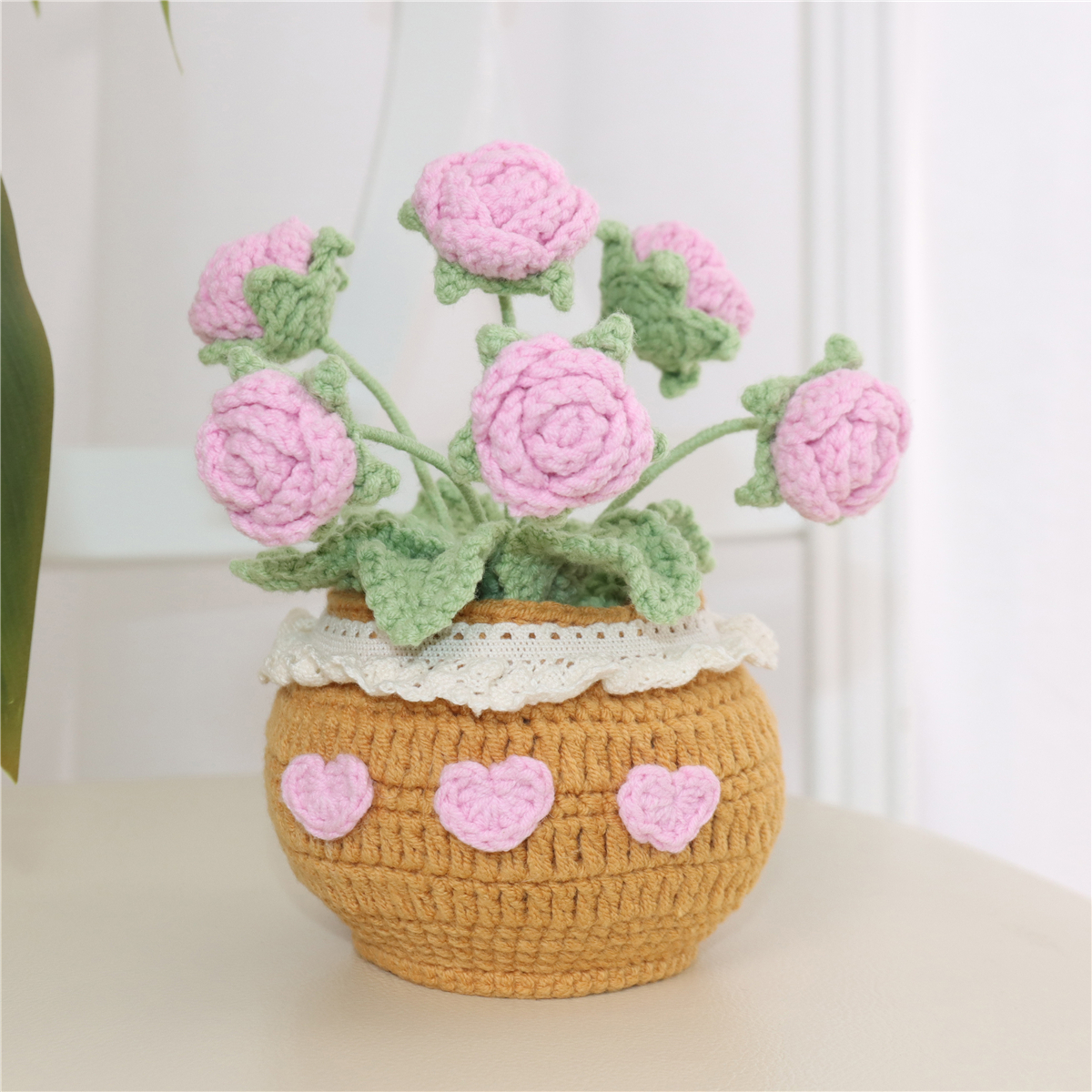 Handmade Crochet Rose Potted Ornament With Heart Decoration For Birthday Gift Home Office Desk Decor