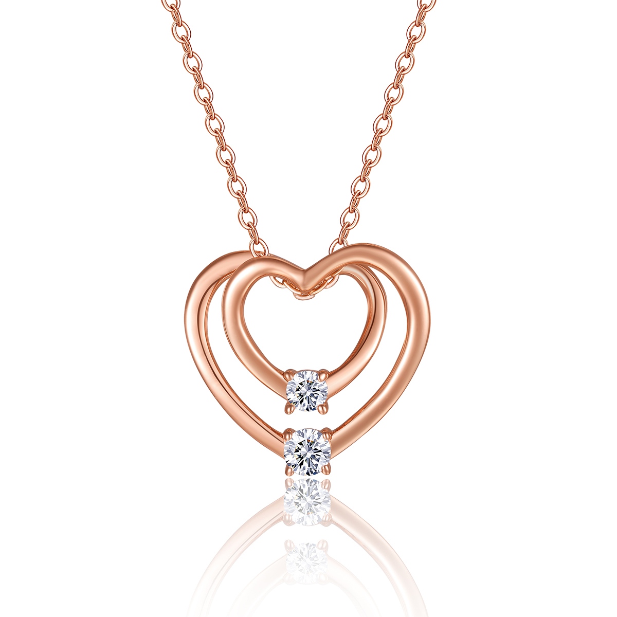 S925 Sterling Silver Rose Gold Double Heart Necklace, D-VVS1 Moissanite Pendant, 40&455cm Adjustable Chain, Women's Jewelry Gift Box With GRA Certific