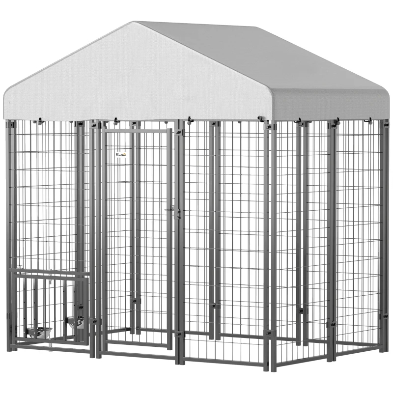 Outdoor Dog Kennel With Roof, Rotating & 4-Level Adjustable Bowls