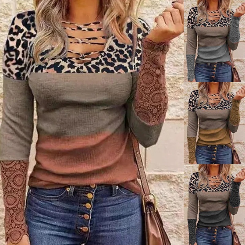 Slim-fit Knit Sweater Pit Stripe Long-sleeved Lace V-neck Printed Women's T-shirt
