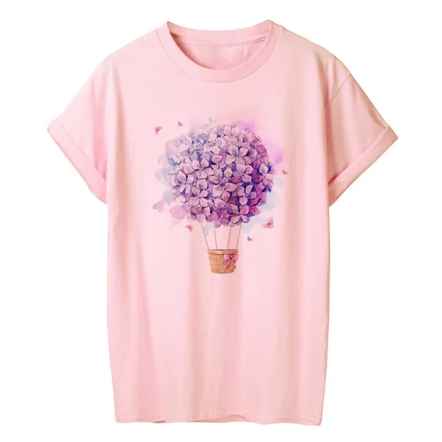 New Purple Hot Air Balloon And Flower Print Ladies T Shirt 2.Style - Shop at LoveMi