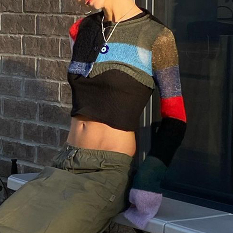 Women's Fashion New Colorblock Knitted Short Blouse