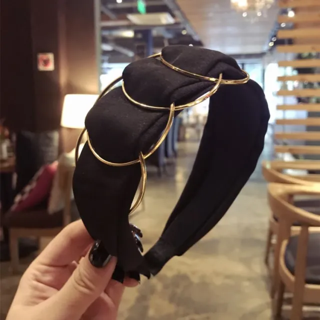 Hair Accessories Headband Women Fashion Golden Ring Cross Stitching Fabric Wide Side Black - Shop at LoveMi