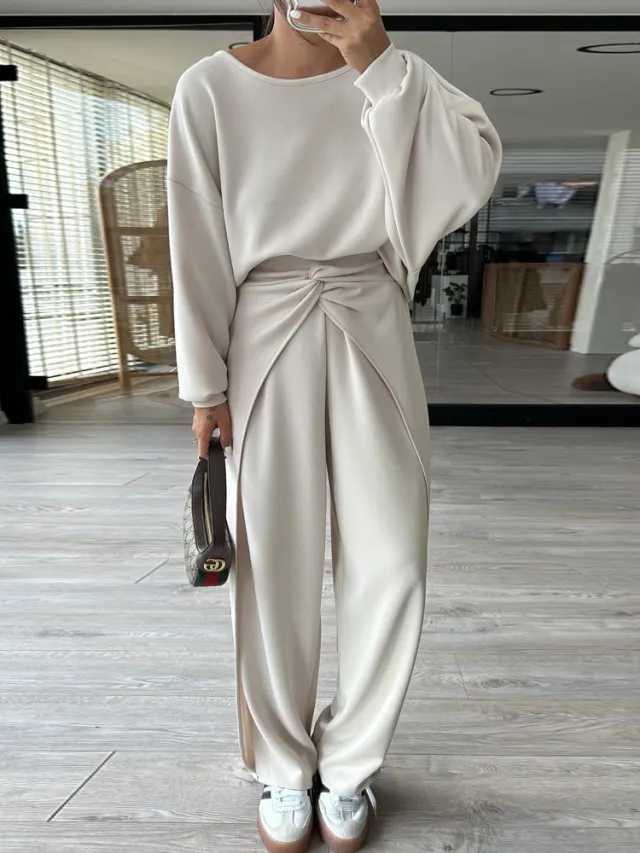 Backless Solid Color Hoodie Sweatshirt Trousers Suit Apricot - Shop at LoveMi