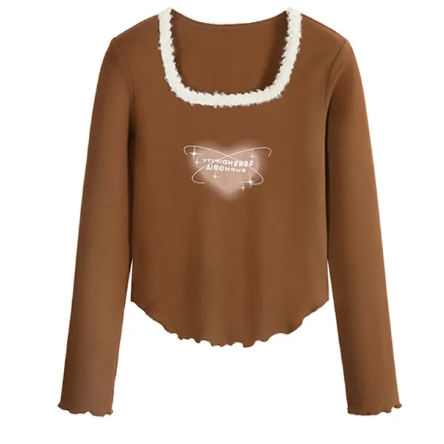 T Shirt Irregular Bottom Plush Square Neck Top Coffee - Shop at LoveMi