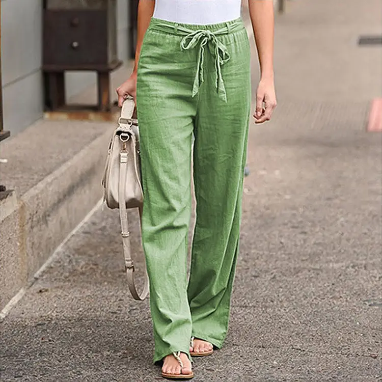 Elastic Waist Solid Color Cotton And Linen Belt Wide Leg Loose Trousers