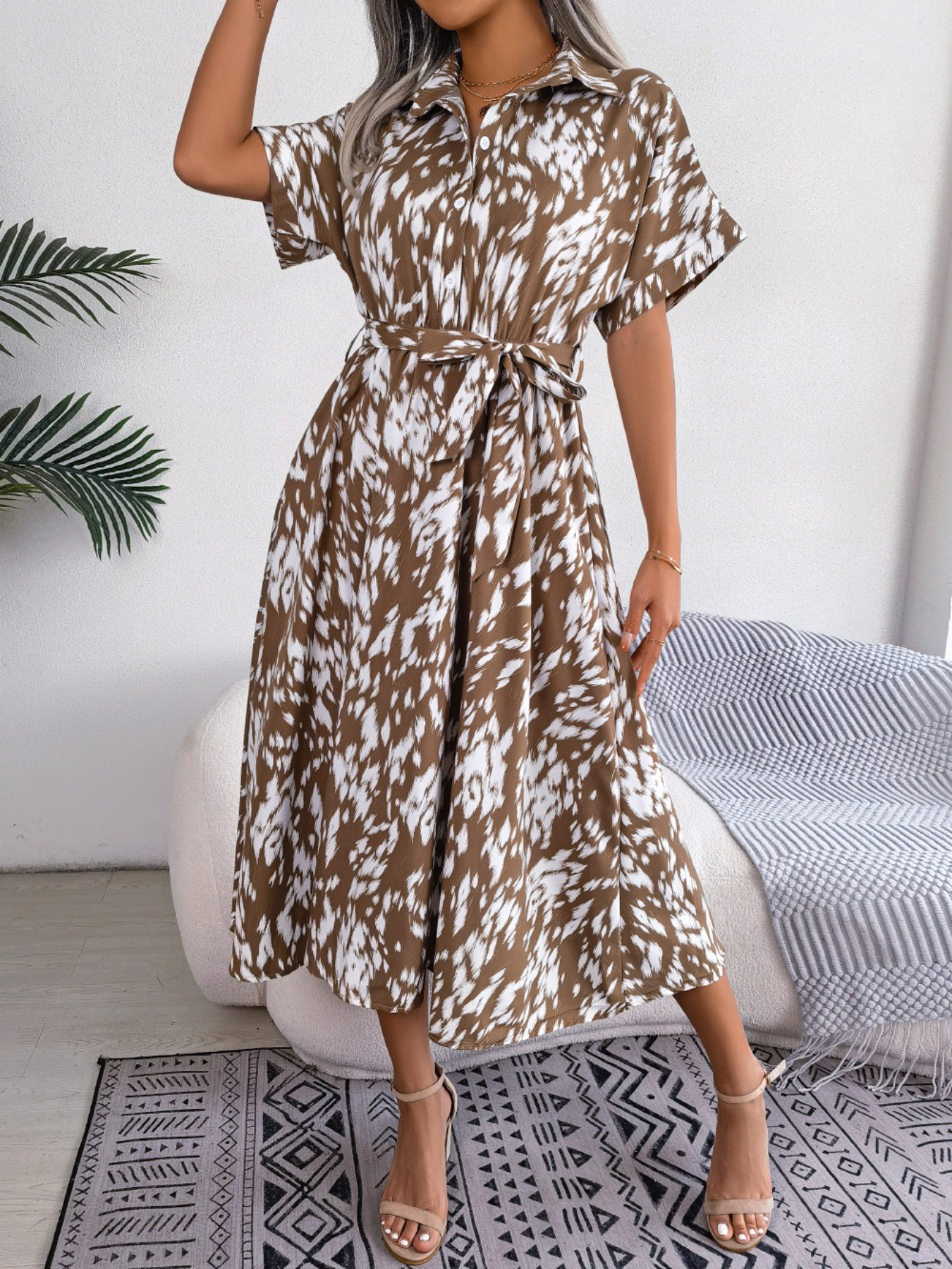 Women's Casual Loose Leopard Print Tie Waist Shirt Dress - Image 17