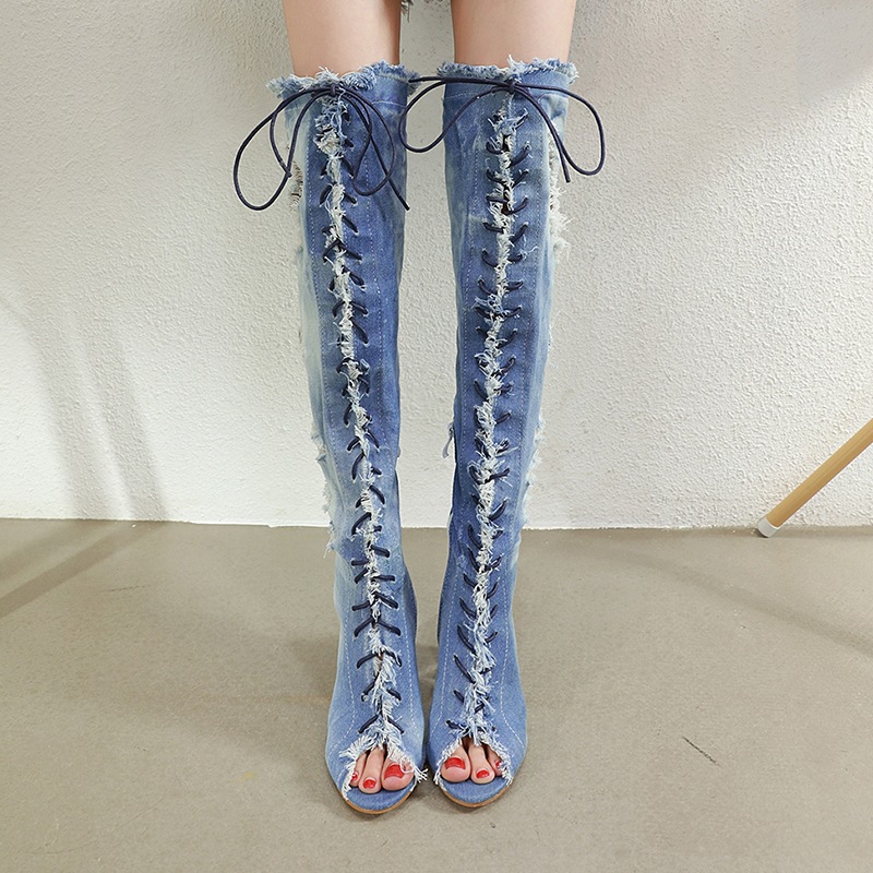 Title 2, Crystal Block Heel Denim Fish Mouth Strap Roman...