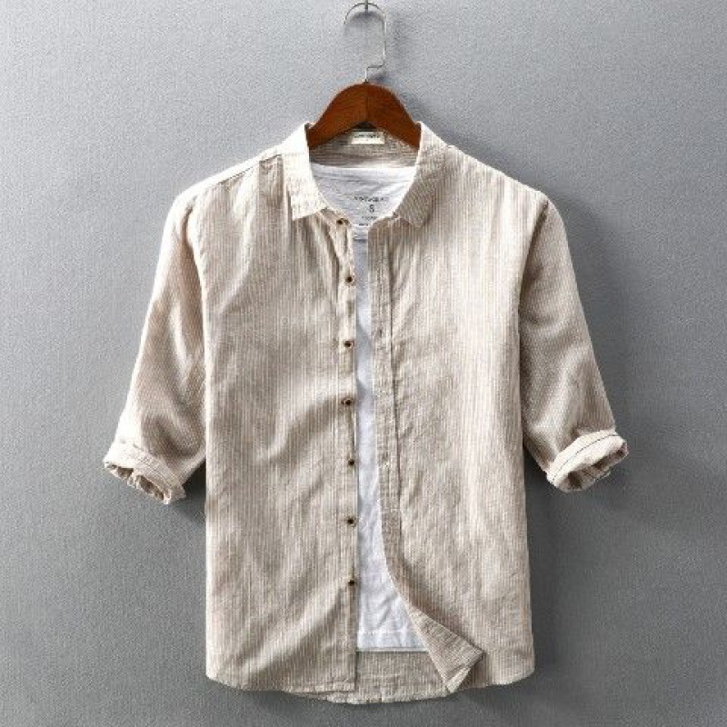 Summer Men's Casual Linen Shirt Lapel Striped Loose Shirt