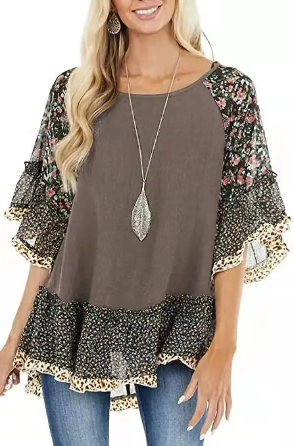 Women's Doll Sleeve Colorblock Leopard Floral Print T Shirt Coffee - Shop at LoveMi