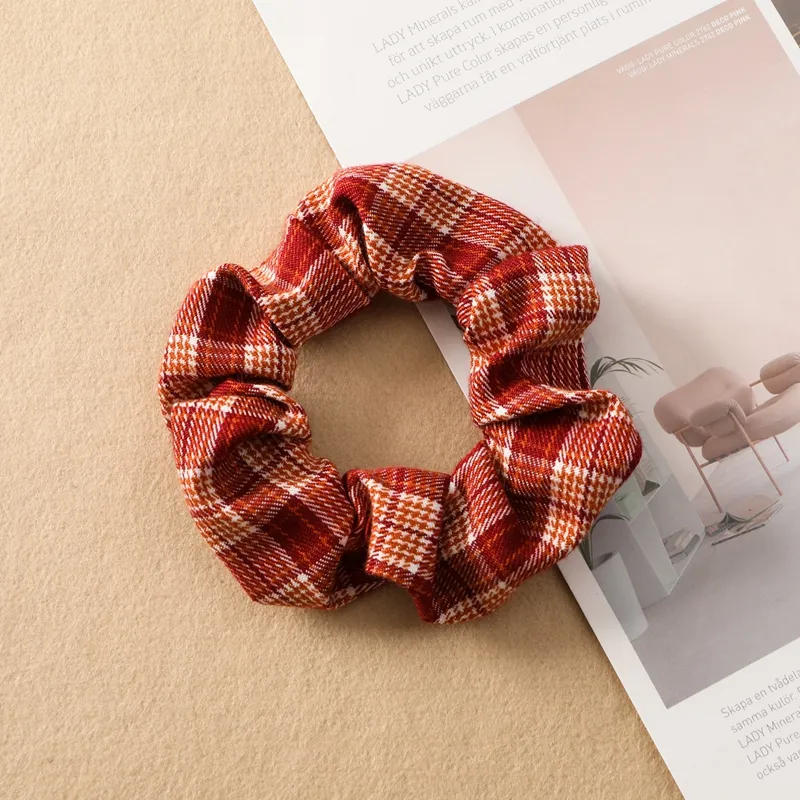 Plaid Print Large Intestine Ring Women's Hair Tie - Orange Red