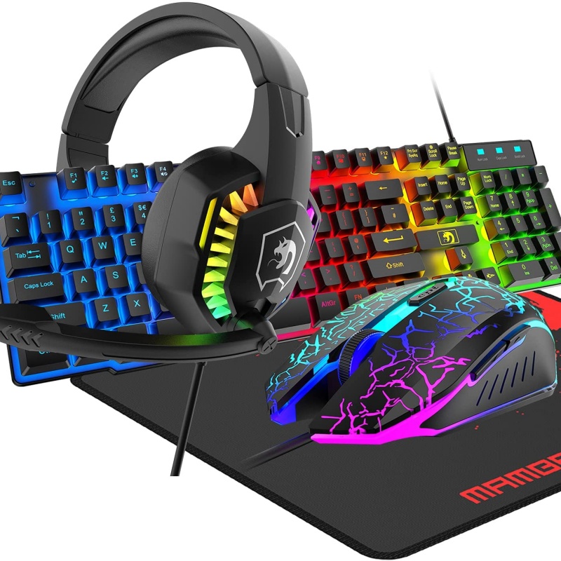Gaming Keyboard & Mouse & Headset & Mousepad Set RGB Backlit Wired For PC Laptop 4