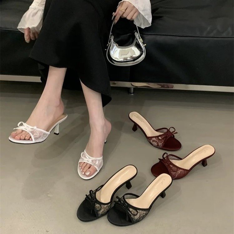 French Style Lace Bow Kitten Heel Mules For Women thumbnail 1