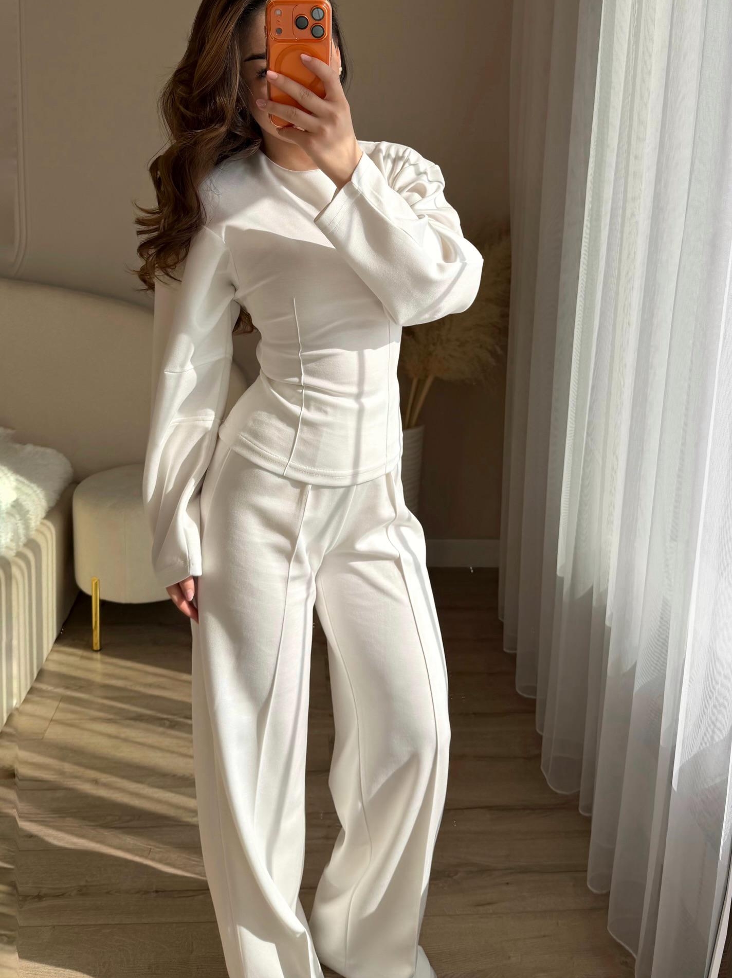 Fashionable Long-sleeved O-neck Pleated Top And Wide-leg Pants Set