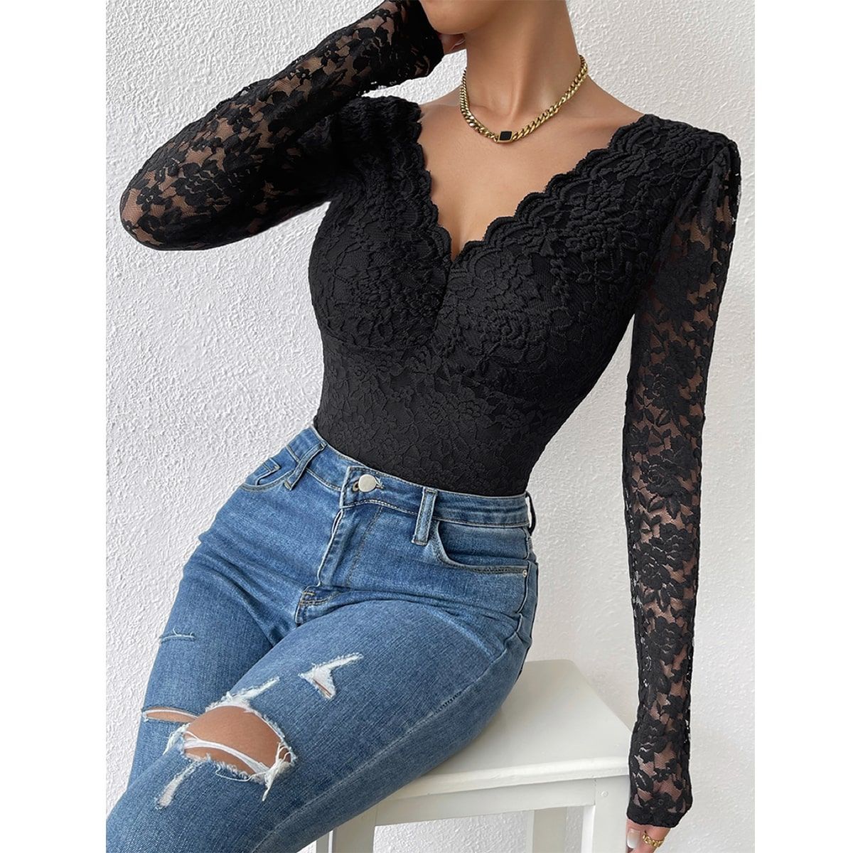 Title 7, Solid Color Lace Long Sleeve Hot Girl See-throu...