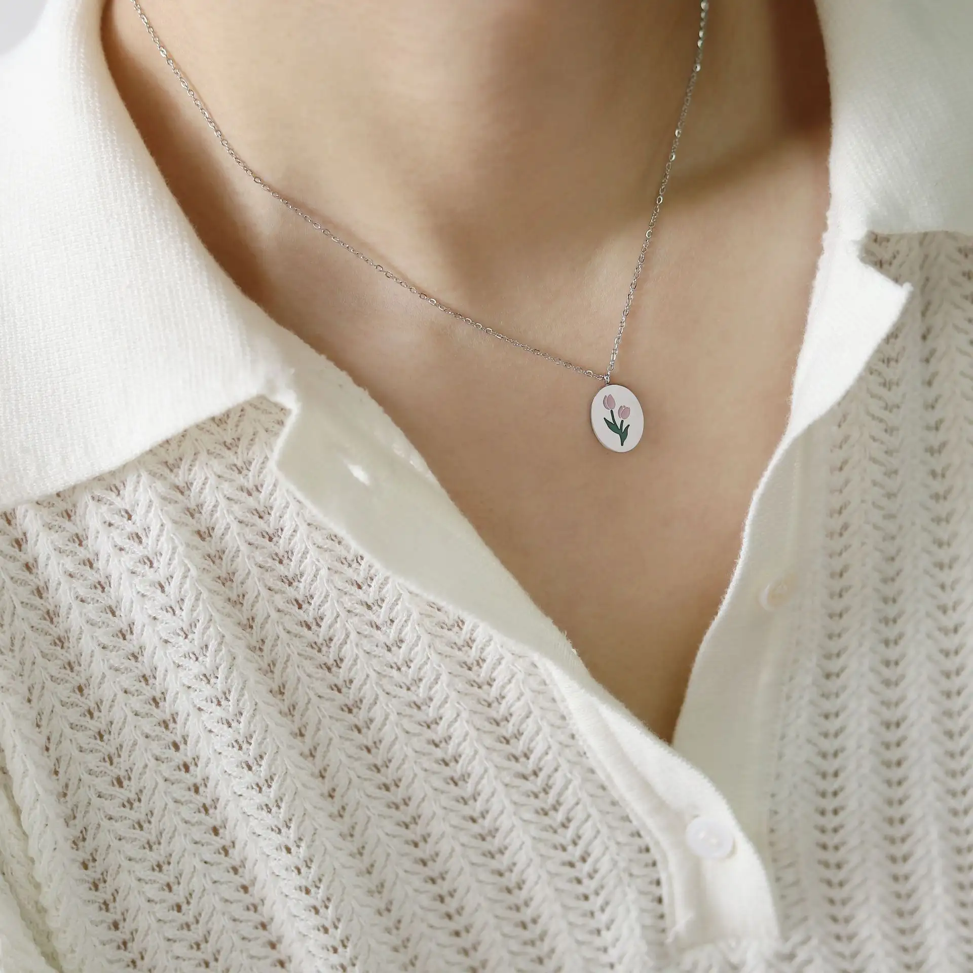 Pink Tulip Drop Oil Forest Necklace