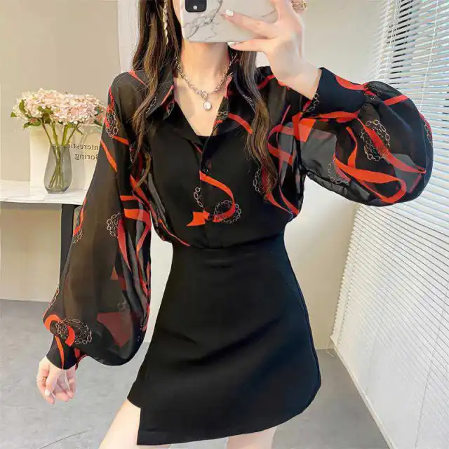 Western Style Fashion Korean Chiffon Lantern Sleeve Top Loose Shirt Red - Shop at LoveMi