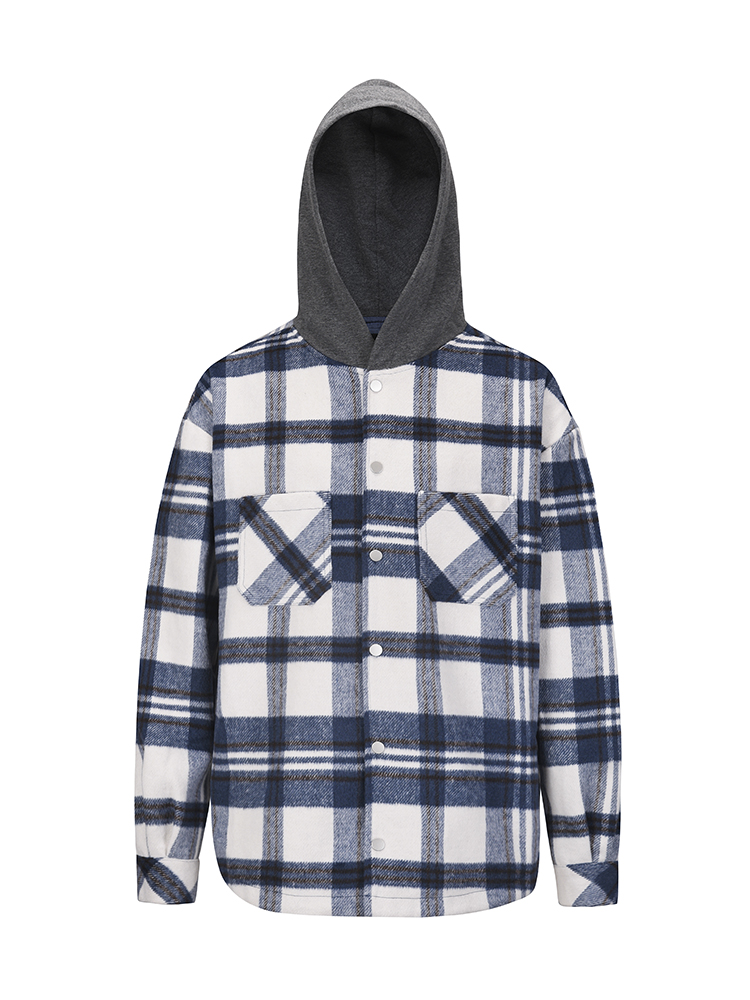 Checked Plush Hooded Jacket Loose-breasted