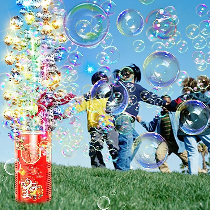 Portable Fireworks Bubble Machine with Lights. Unique Firework Bubble: This bubble machine can produce thousands of colorful bubbles to bring you amazing effects, let you feel the joy of the bubble activities. Fantasy Light Effect: Firework Bubble Machine