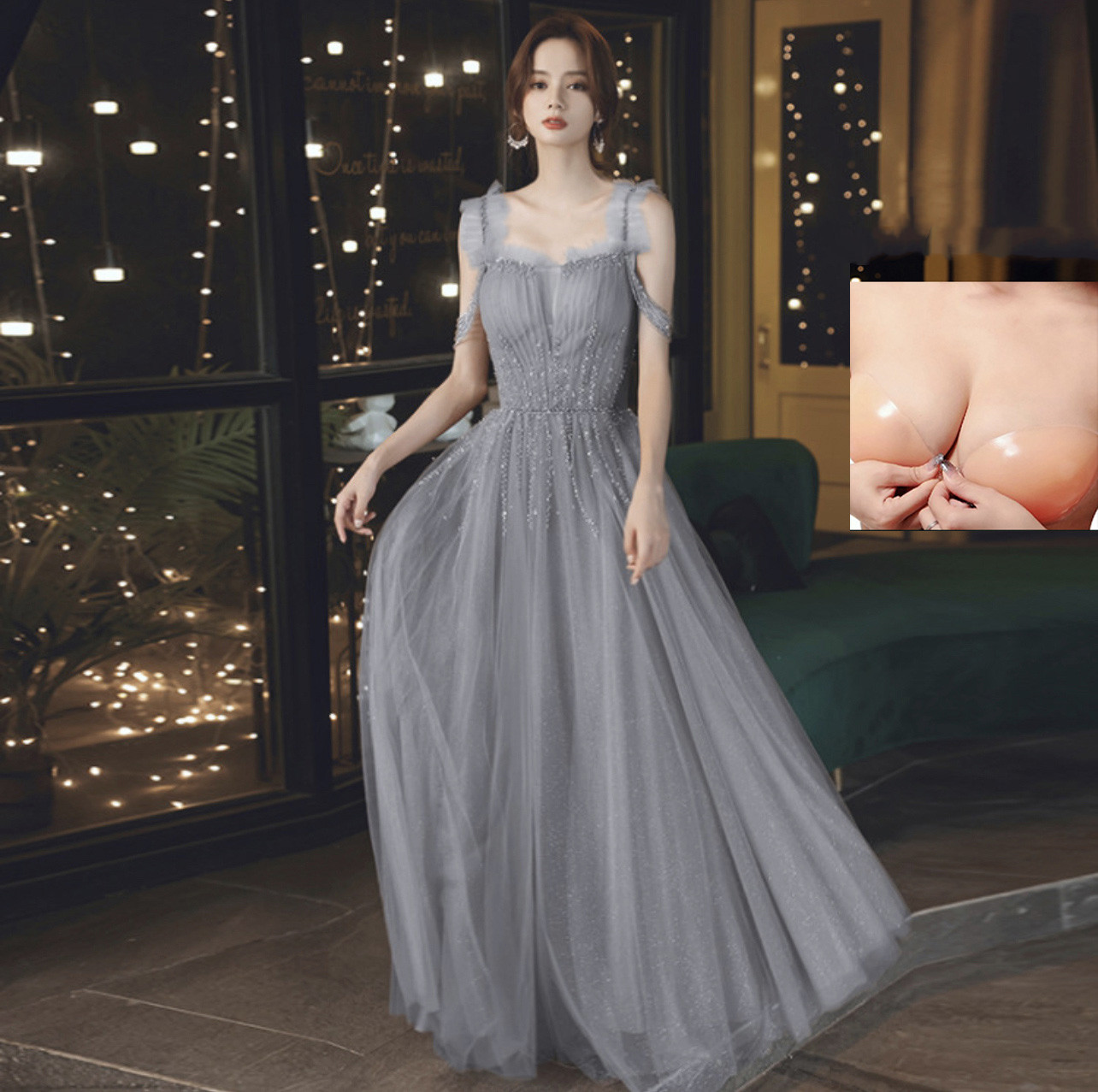 Embroidered Middle-Waist Evening Dress, picture 3 of 5