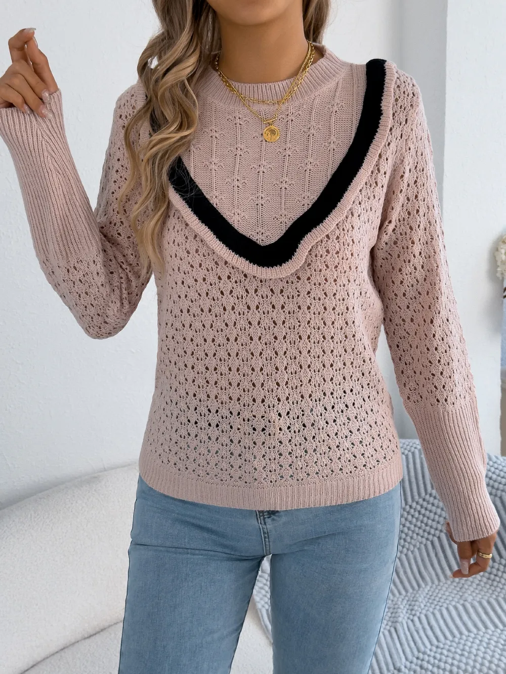 Women Ruffled Long Sleeve Pullover Sweater