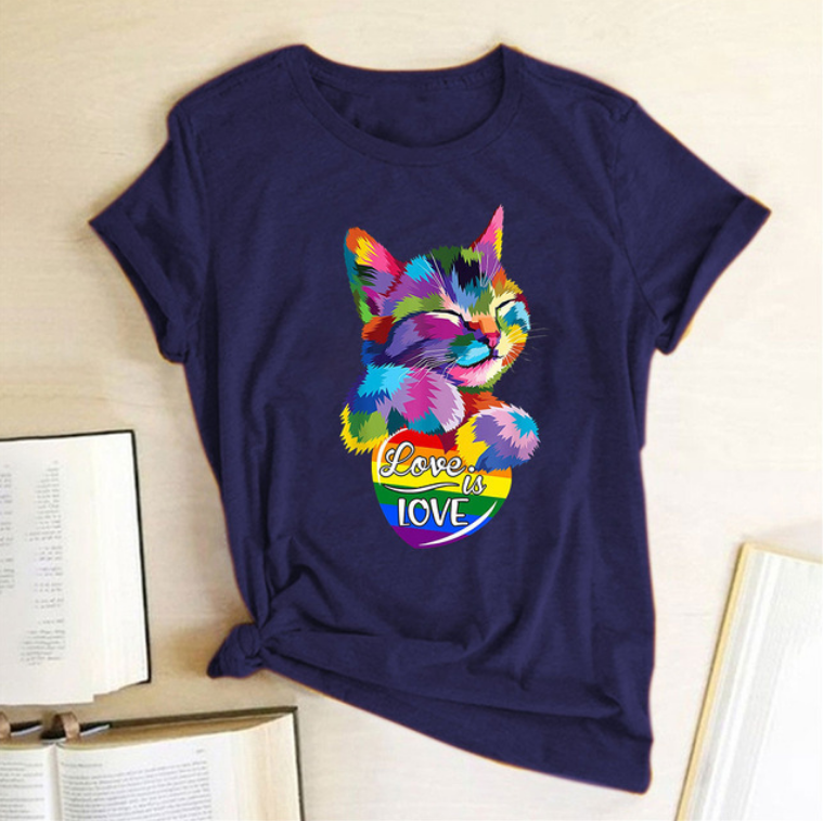 Title 5, Colorful Cat LOVE Letter Print Female T-shirt