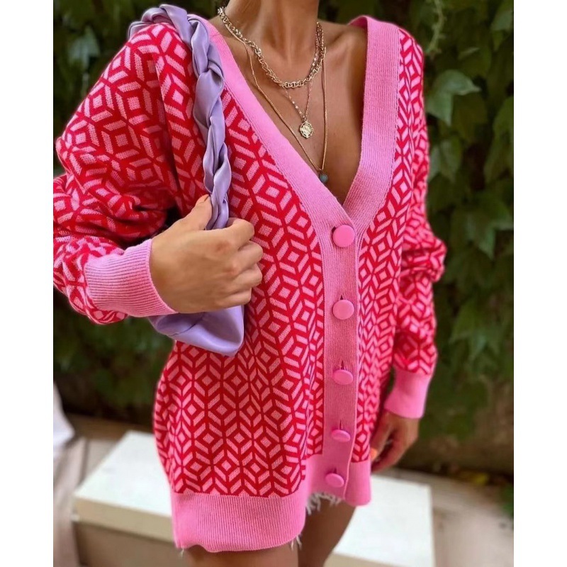 Fashion V-Neck Cardigan Long Sleeve Women's Knit Jacquard Sweater