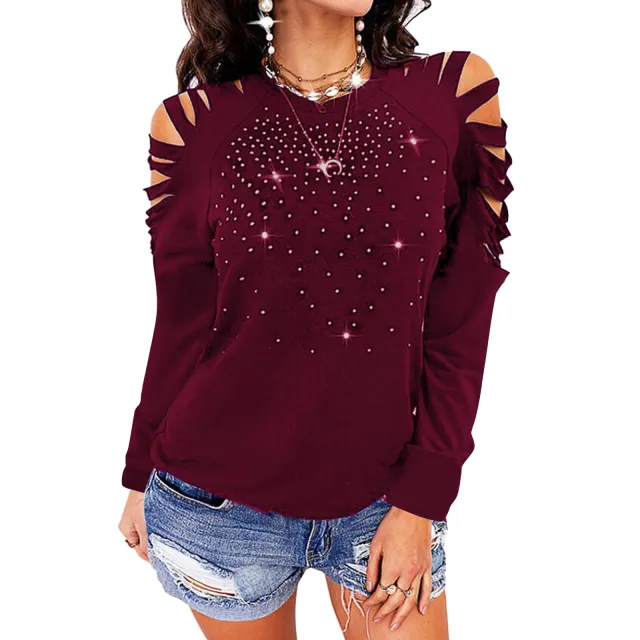 New Round Neck Hot Drill Hollow Long sleeved T shirt Wine Red - Shop at LoveMi