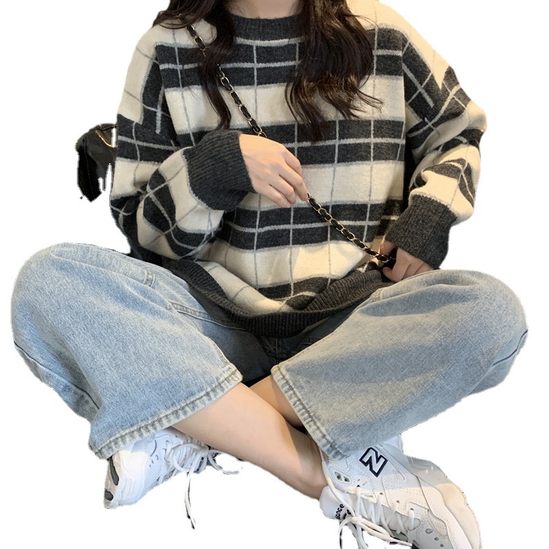 Autumn And Winter Loose Retro Plaid Striped Sweater Women