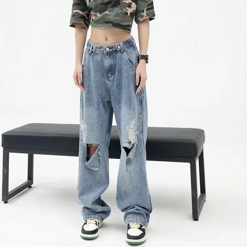 Women's American Style All Match Blue Ripped Jeans