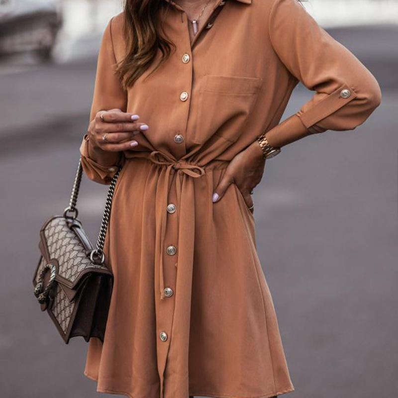 Women's Elegant Lapel Belted Shirt Dress, Long Sleeve Button Down Tunic With Tie Waist For Autumn And Winter Khaki - Shop at LoveMi