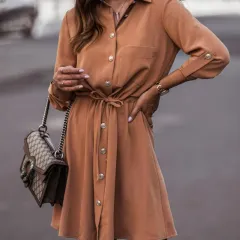 Women's Elegant Lapel Belted Shirt Dress, Long Sleeve Button-Down Tunic With Tie-Waist For Autumn And Winter - Khaki - View 1