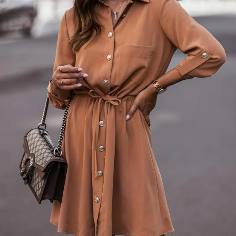 Women's Elegant Lapel Belted Shirt Dress, Long Sleeve Button-Down Tunic With Tie-Waist For Autumn And Winter - Khaki