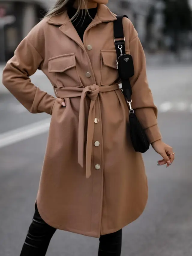Solid Color Lace Long Sleeve Woolen Coat Khaki - Shop at LoveMi