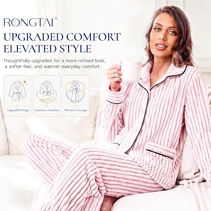 RONGTAI Ribbed Button Down Pajama Set Long Sleeve Plush Fleece PJs