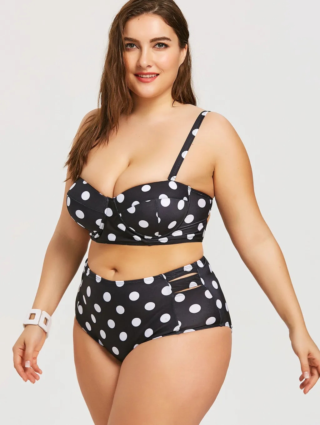 Retro Polka Dot High-rise Bikini Top Bottom Padded Swimsuit Plus Size Swimwear - Black