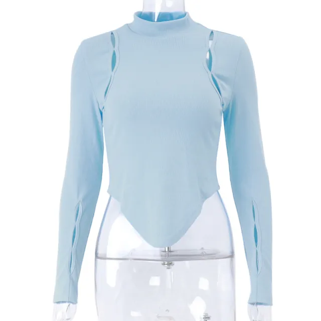 Summer Half High Neck Hollowed Out Long Sleeve Waist Waist T shirt Top Female Blue - Shop at LoveMi