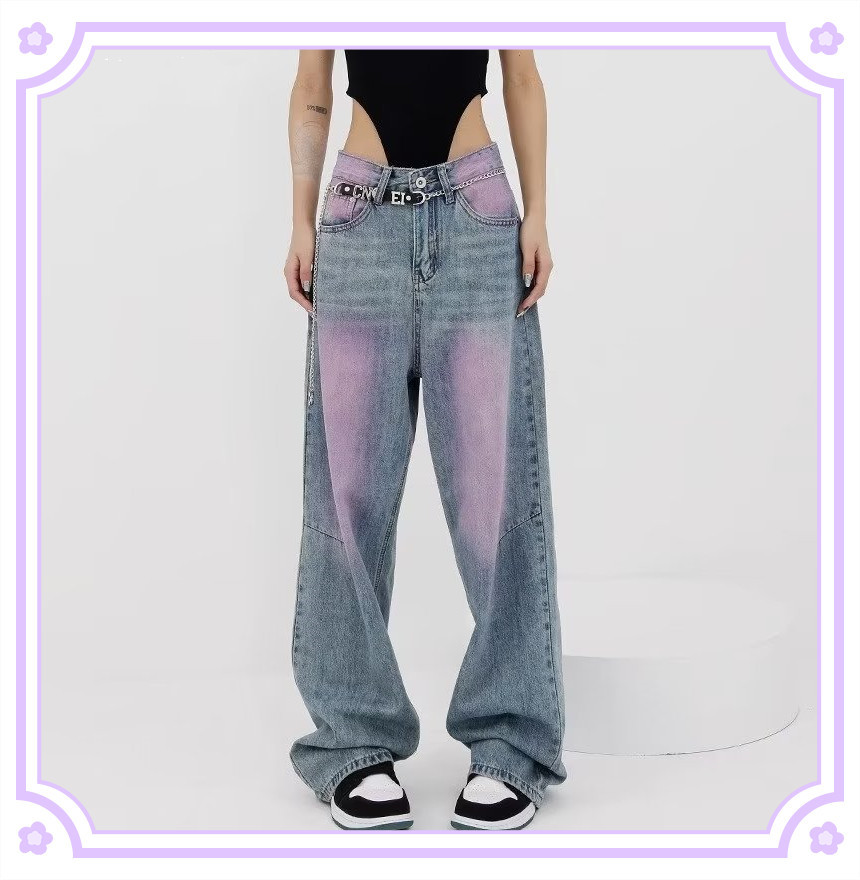 American style Distressed Heavy Industry Straight Casual Jeans Pink - Shop at LoveMi