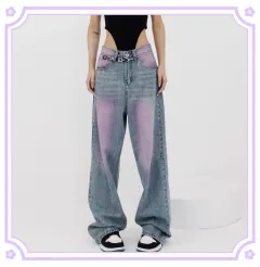 American-style Distressed Heavy Industry Straight Casual Jeans - Pink - View 1