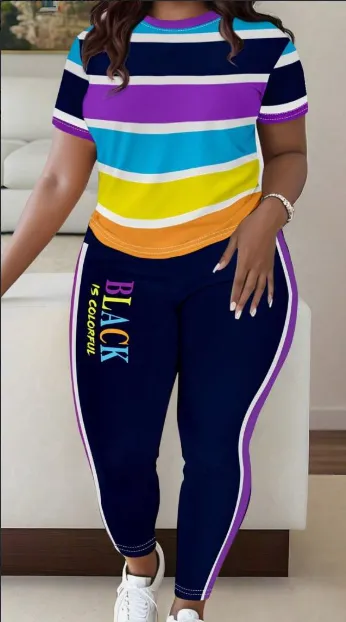 Women Fashionable Colorful Stripe Print T Shirt And Pants Casual Set Multicolor - Shop at LoveMi