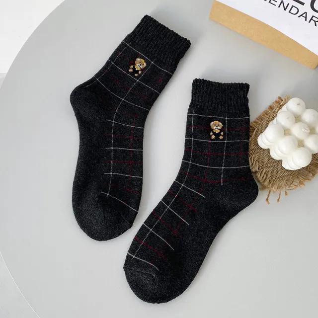 Women's Plush Warm Embroidered Bear Plaid Hose Bear Dark Grey - Shop at LoveMi
