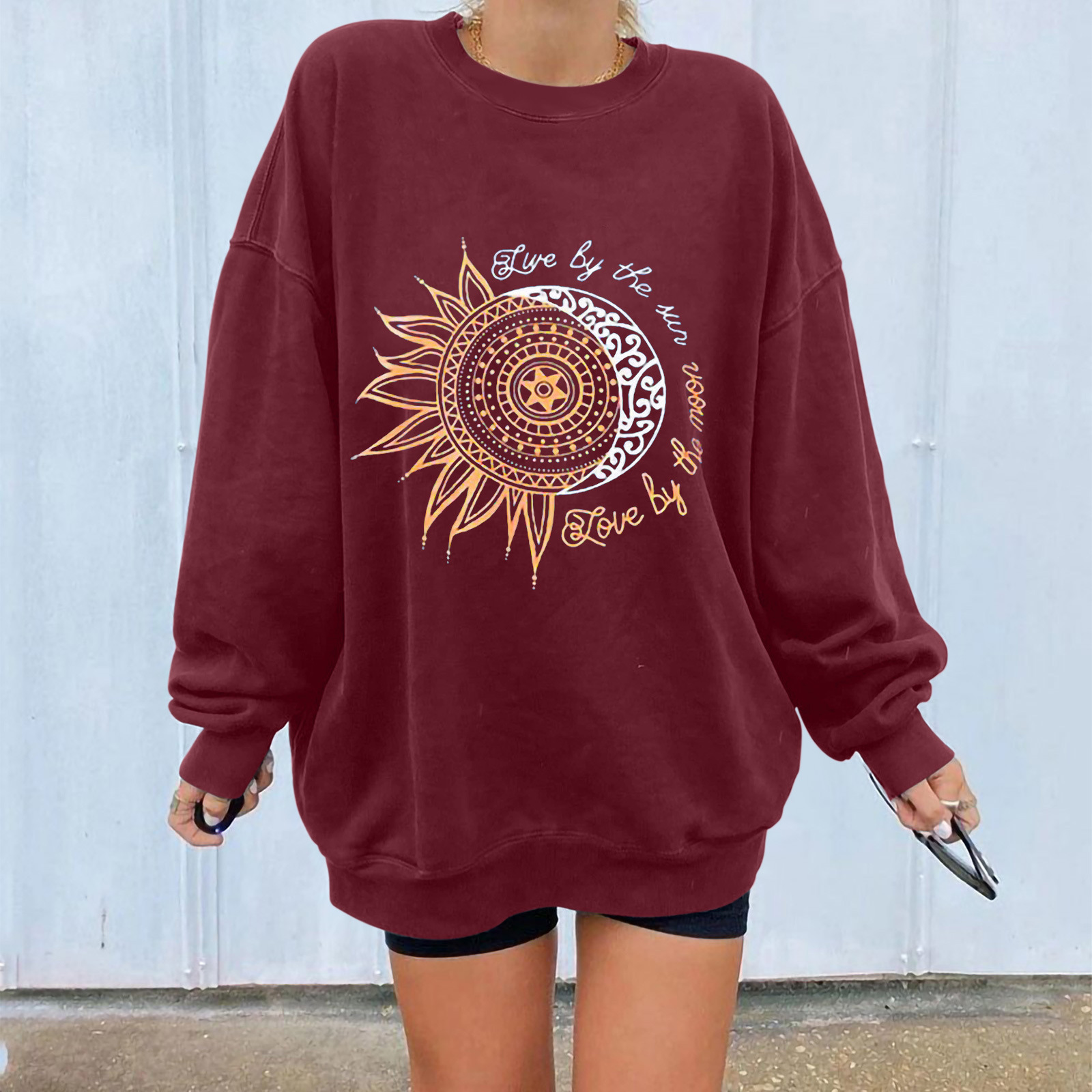 Loose Slimming Chrysanthemum Print Round Neck Long Sleeve Sweater
