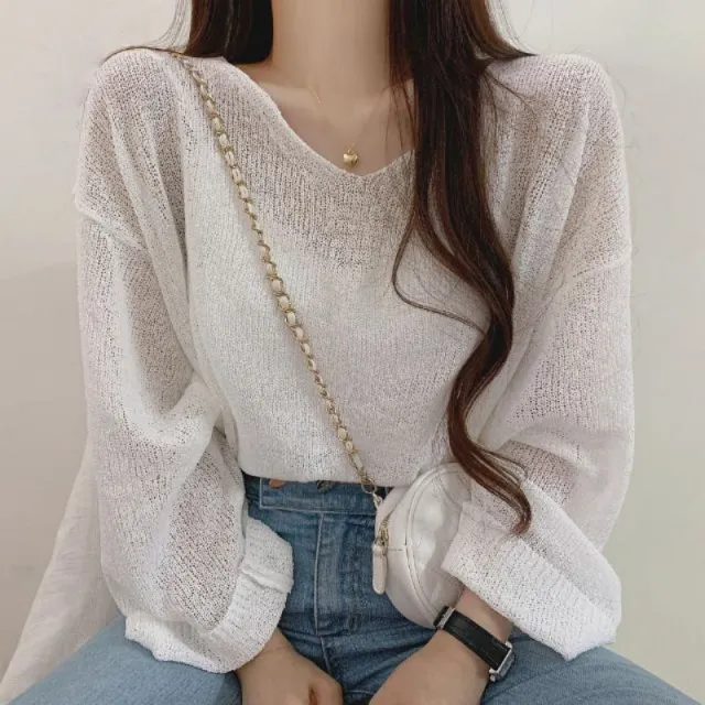 Women's Lace up Summer Knitted Loose Long sleeve Top White - Shop at LoveMi