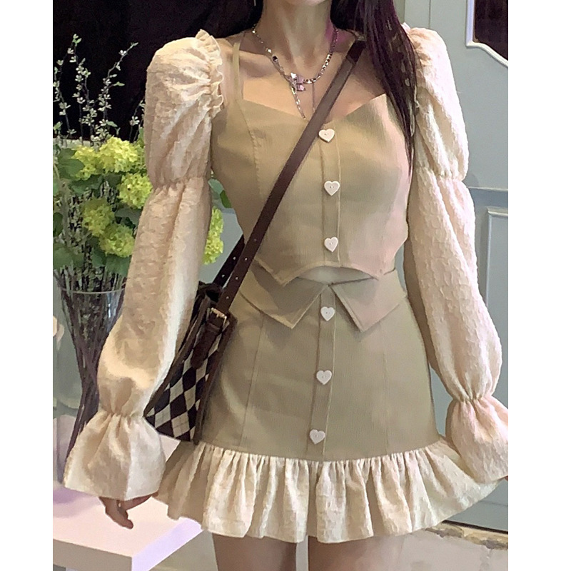 Women's Puff Sleeve Halter Top A-Line Skirt Two Piece Set