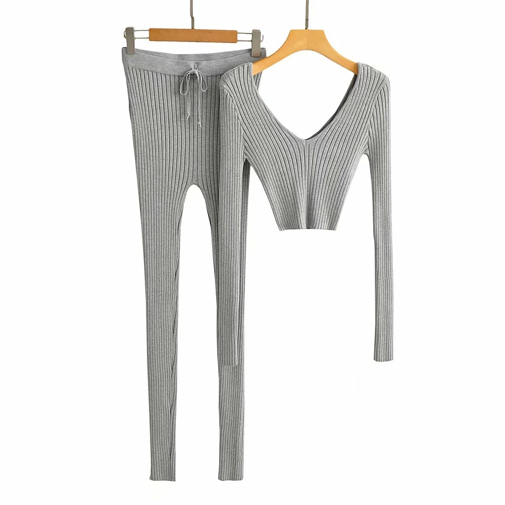 Double V-neck Knitted Pullover Sweater Slim Stretch Trousers Casual Suit