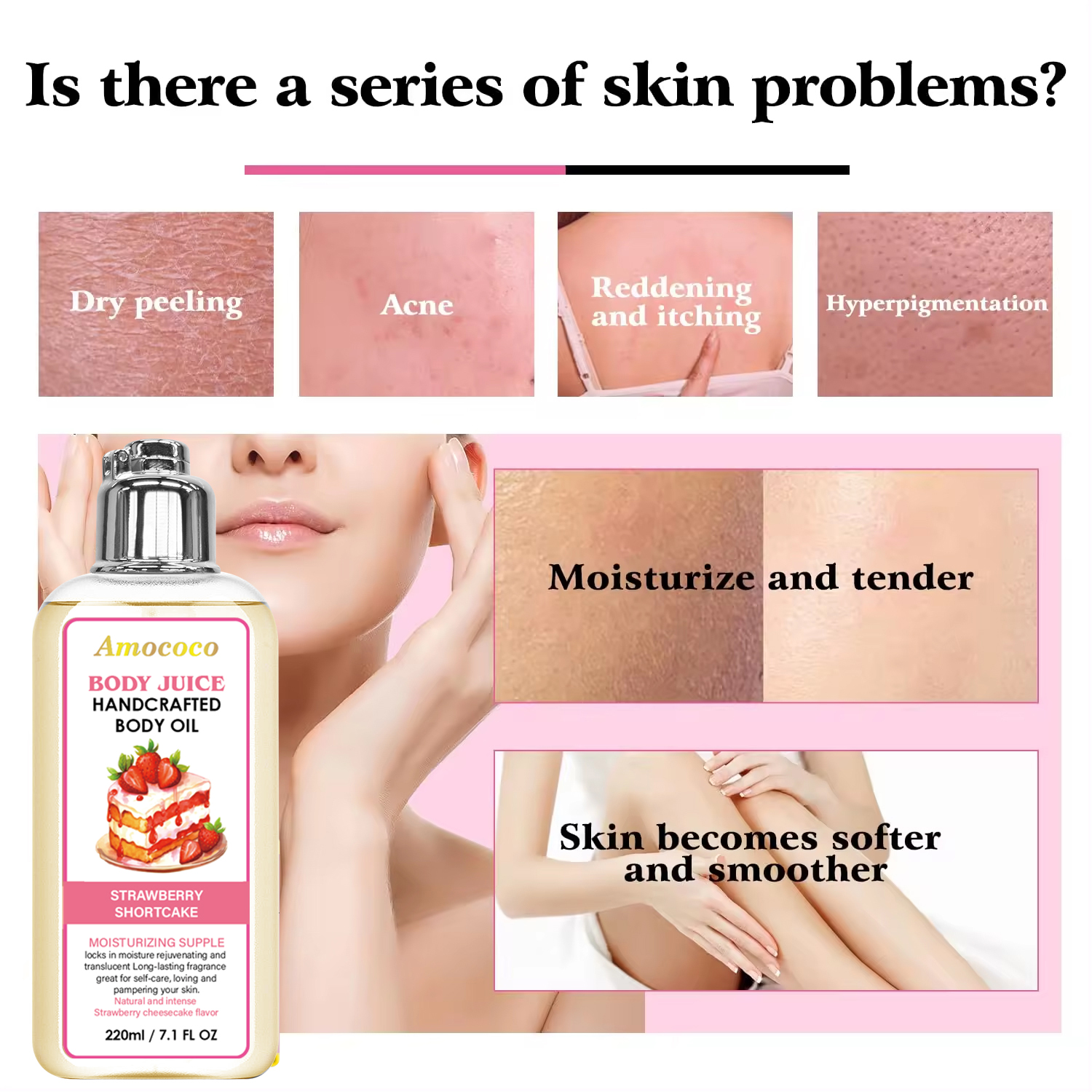 Only Supports Self Pickup With Waybill Amococo Strawberry Shortcake Body Juice Oil, 220ml Handcrafted Moisturizing Body Oil For Dry Skin, Long-Lasting Fragrance Body Massage Oil, Natural Plant-Based L