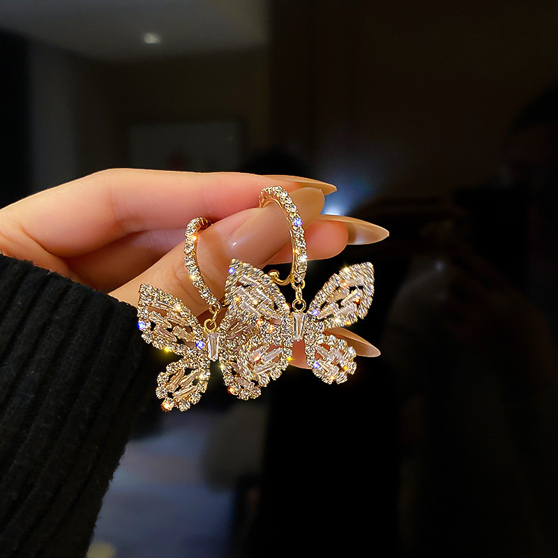 925 Silver Needle Full Diamond Zircon Butterfly Earrings