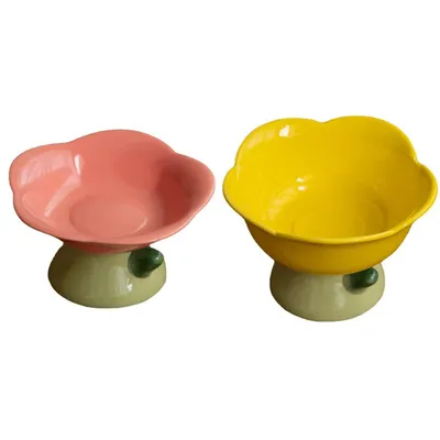 Ceramic Protection Cervical Vertebra Anti overturningCat Dog Flower Bowl Pink Yellow - Shop at LoveMi