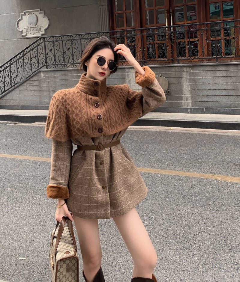 Turtleneck Sweater Shawl Cloak Thick Velvet Plaid Suit Jacket Women Two-piece Suit